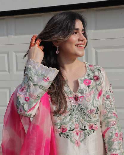 New Designer Collection In Natural Crep Silk Top-Bottom And Dupatta Set Fully Stitched Ready To Wear