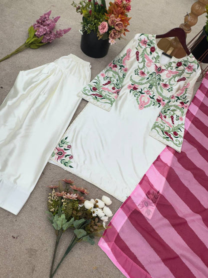 New Designer Collection In Natural Crep Silk Top-Bottom And Dupatta Set Fully Stitched Ready To Wear