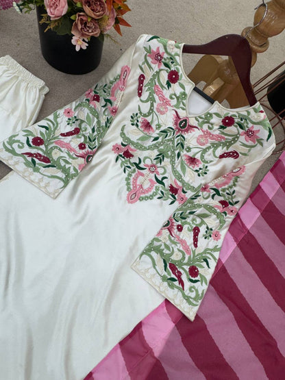 New Designer Collection In Natural Crep Silk Top-Bottom And Dupatta Set Fully Stitched Ready To Wear