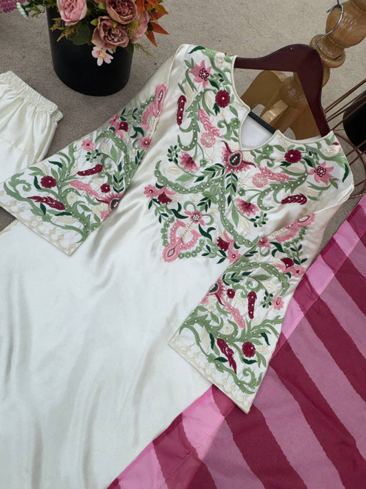 New Designer Collection In Natural Crep Silk Top-Bottom And Dupatta Set Fully Stitched Ready To Wear