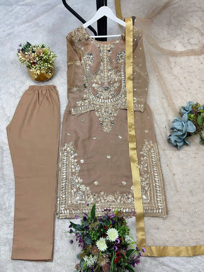 New Pakistani Designer Collection In Jimmy Choo Silk Top-Pent And Dupatta Set Fully Stitched Ready To Wear