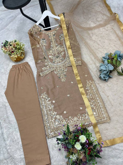 New Pakistani Designer Collection In Jimmy Choo Silk Top-Pent And Dupatta Set Fully Stitched Ready To Wear