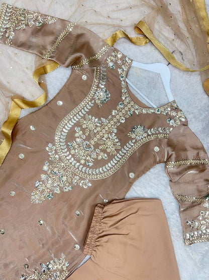 New Pakistani Designer Collection In Jimmy Choo Silk Top-Pent And Dupatta Set Fully Stitched Ready To Wear