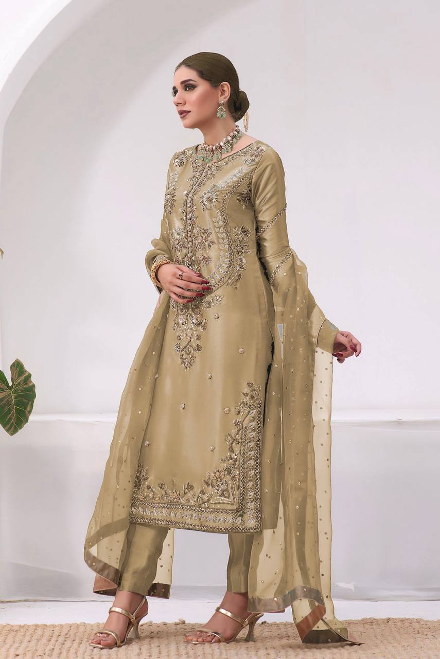 New Pakistani Designer Collection In Jimmy Choo Silk Top-Pent And Dupatta Set Fully Stitched Ready To Wear