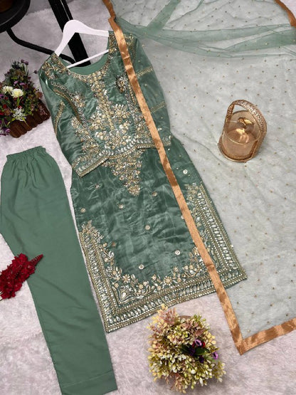 New Pakistani Designer Collection In Jimmy Choo Silk Top-Pent And Dupatta Set Fully Stitched Ready To Wear