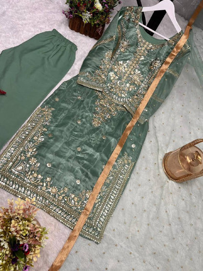 New Pakistani Designer Collection In Jimmy Choo Silk Top-Pent And Dupatta Set Fully Stitched Ready To Wear