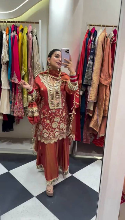 THIS WEDDING SEASON OUR DESIGNER WEAR KURTI PLAZZO PAIR WITH REAL MIRROR EMBROIDERY WORK