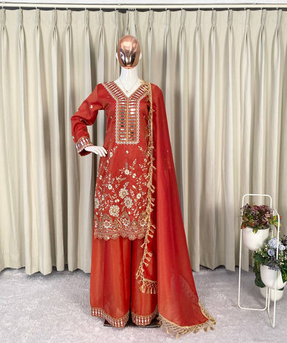 THIS WEDDING SEASON OUR DESIGNER WEAR KURTI PLAZZO PAIR WITH REAL MIRROR EMBROIDERY WORK