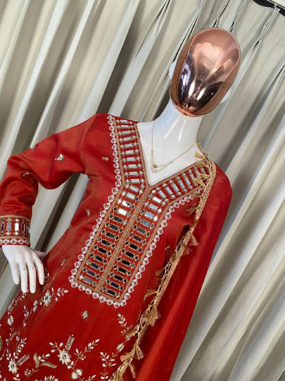 THIS WEDDING SEASON OUR DESIGNER WEAR KURTI PLAZZO PAIR WITH REAL MIRROR EMBROIDERY WORK