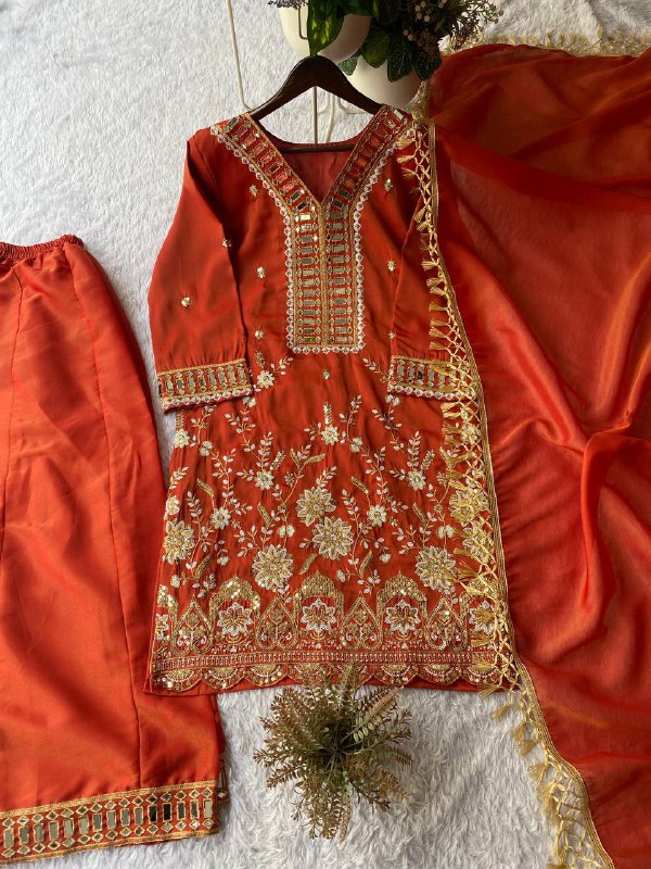 THIS WEDDING SEASON OUR DESIGNER WEAR KURTI PLAZZO PAIR WITH REAL MIRROR EMBROIDERY WORK