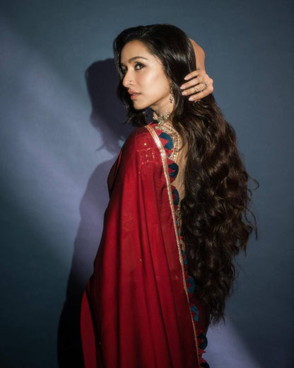 shraddha kapoor bollywood vCUT WORK BORDER SAREE WITH PEARL MOTI WORK ON BODY & FULL EMBROIDERY WORK UNSTITCHED BLOOD INSPIRED