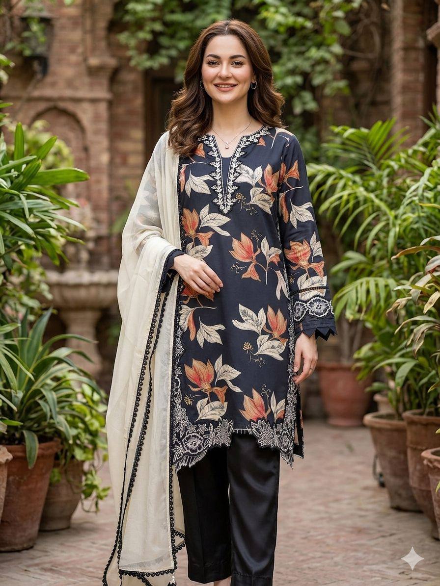 HANIA AMIR INSPIRED SUMMER SEASON WEAR PAKISTANI SUIT WITH EMBROIDERED TOP, PLAZZO AND DUPATTA