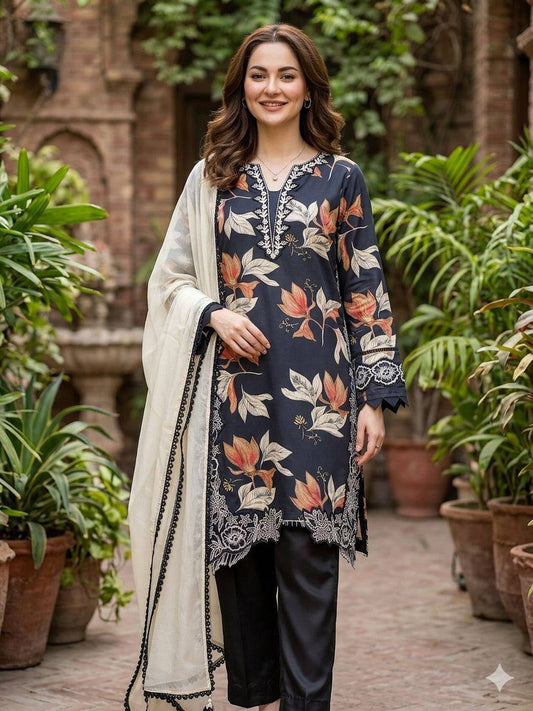 HANIA AMIR INSPIRED SUMMER SEASON WEAR PAKISTANI SUIT WITH EMBROIDERED TOP, PLAZZO AND DUPATTA
