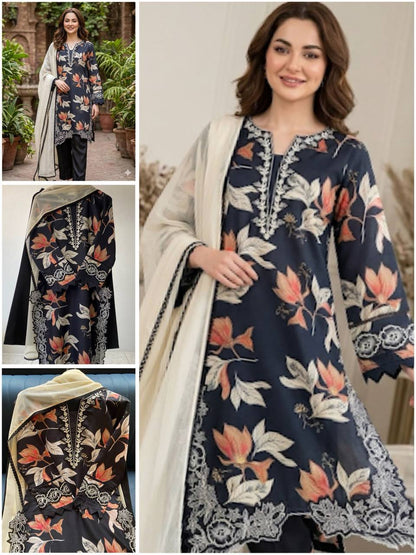 HANIA AMIR INSPIRED SUMMER SEASON WEAR PAKISTANI SUIT WITH EMBROIDERED TOP, PLAZZO AND DUPATTA