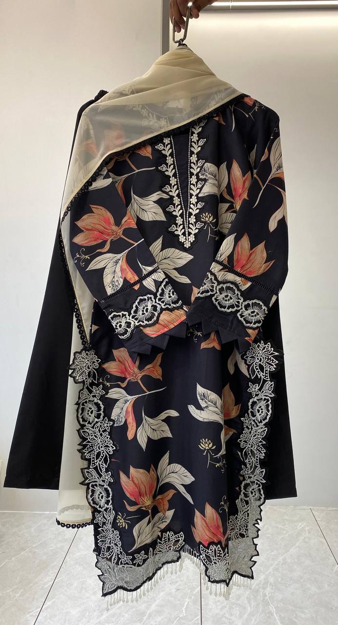 HANIA AMIR INSPIRED SUMMER SEASON WEAR PAKISTANI SUIT WITH EMBROIDERED TOP, PLAZZO AND DUPATTA