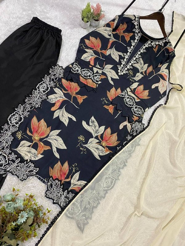 HANIA AMIR INSPIRED SUMMER SEASON WEAR PAKISTANI SUIT WITH EMBROIDERED TOP, PLAZZO AND DUPATTA