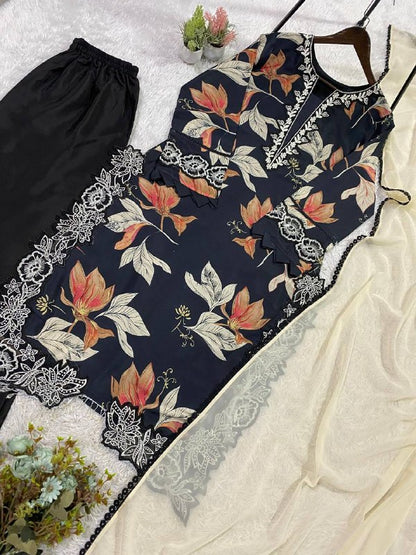 HANIA AMIR INSPIRED SUMMER SEASON WEAR PAKISTANI SUIT WITH EMBROIDERED TOP, PLAZZO AND DUPATTA