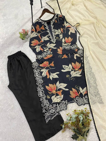 HANIA AMIR INSPIRED SUMMER SEASON WEAR PAKISTANI SUIT WITH EMBROIDERED TOP, PLAZZO AND DUPATTA