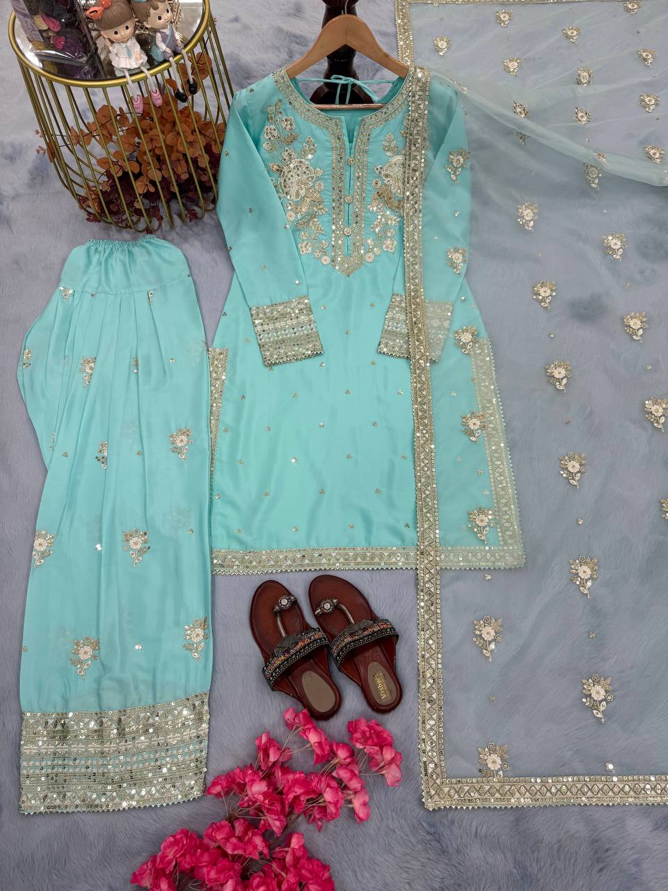 Đěsigner Party Wear Look Pur Natural Crepe Top & Farshi Palazzo With Dupatta set
