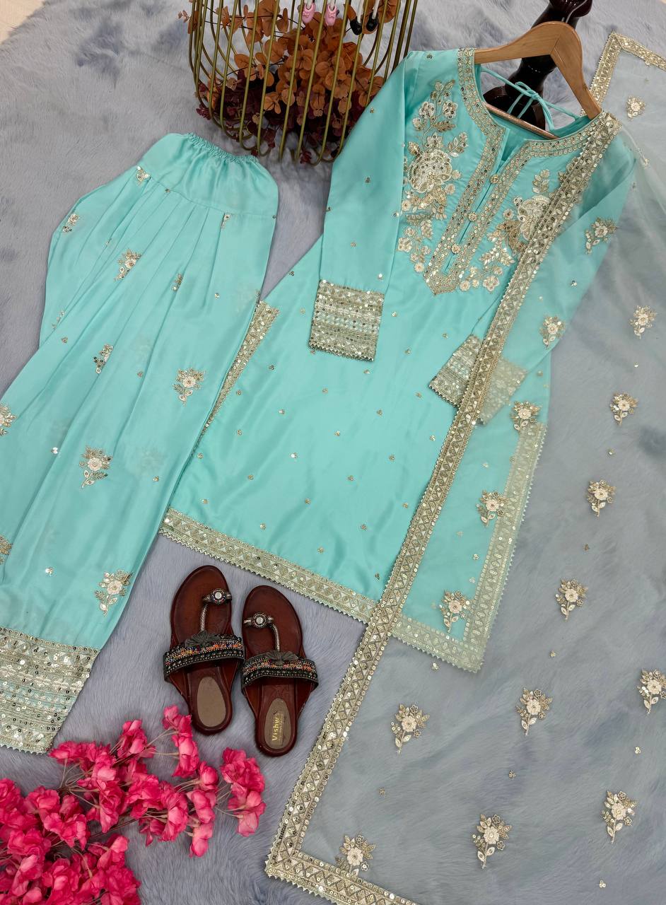 Đěsigner Party Wear Look Pur Natural Crepe Top & Farshi Palazzo With Dupatta set
