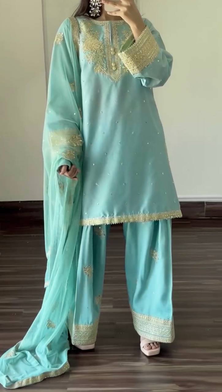 Đěsigner Party Wear Look Pur Natural Crepe Top & Farshi Palazzo With Dupatta set