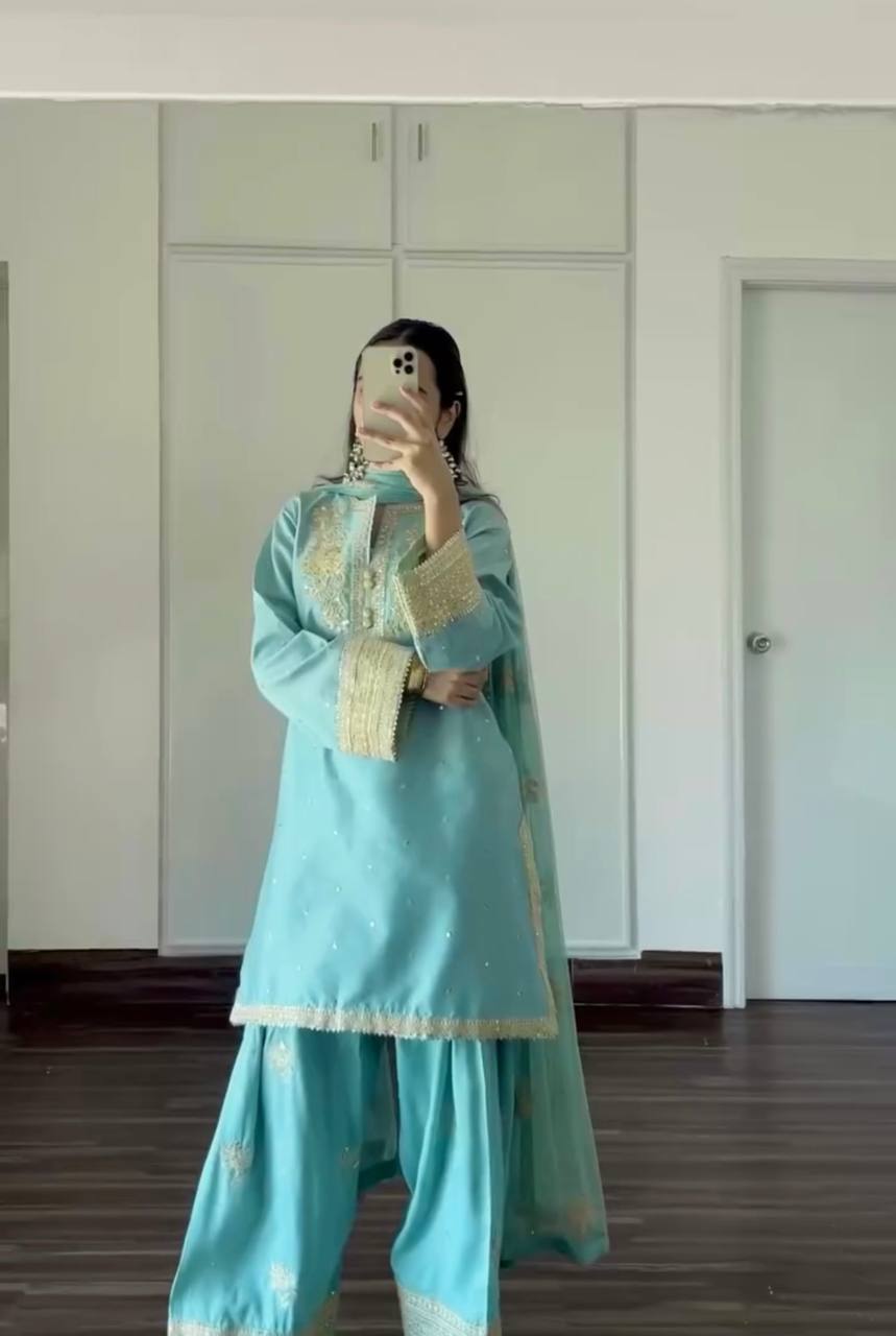 Đěsigner Party Wear Look Pur Natural Crepe Top & Farshi Palazzo With Dupatta set