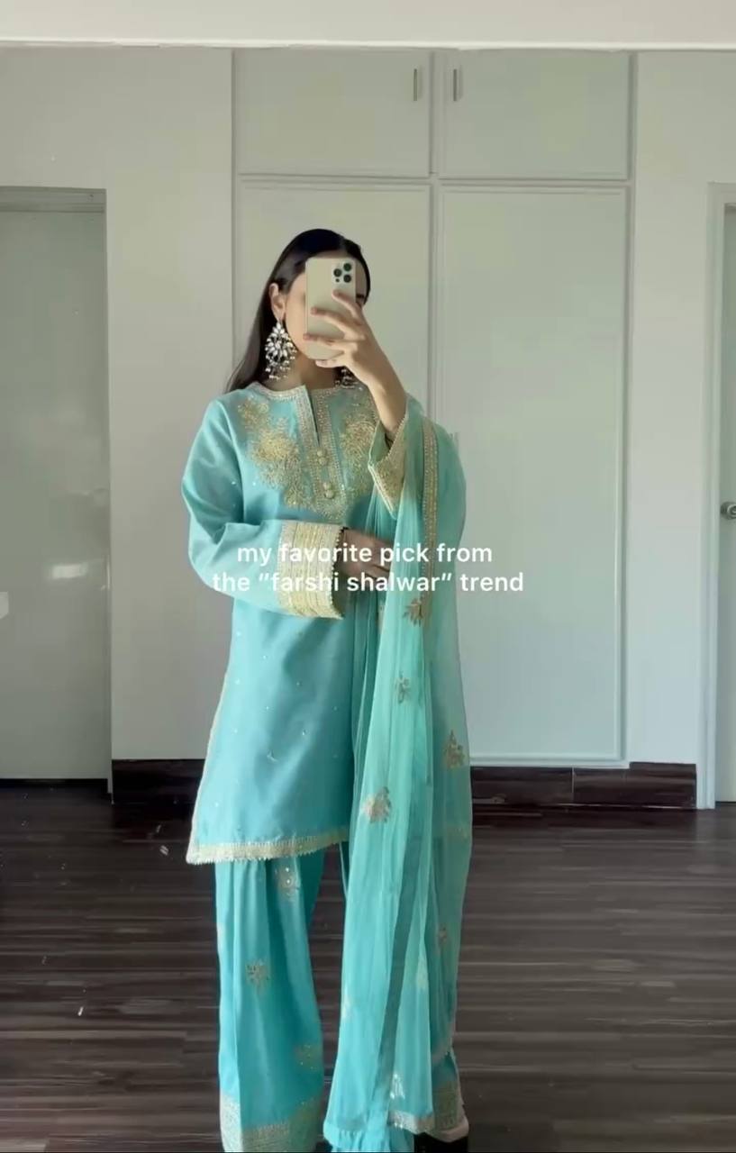 Đěsigner Party Wear Look Pur Natural Crepe Top & Farshi Palazzo With Dupatta set