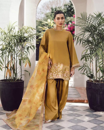 French Crep Silk Top-Bottom And Dupatta Set Fully Stitched Ready To Wear
