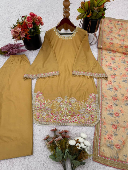 French Crep Silk Top-Bottom And Dupatta Set Fully Stitched Ready To Wear
