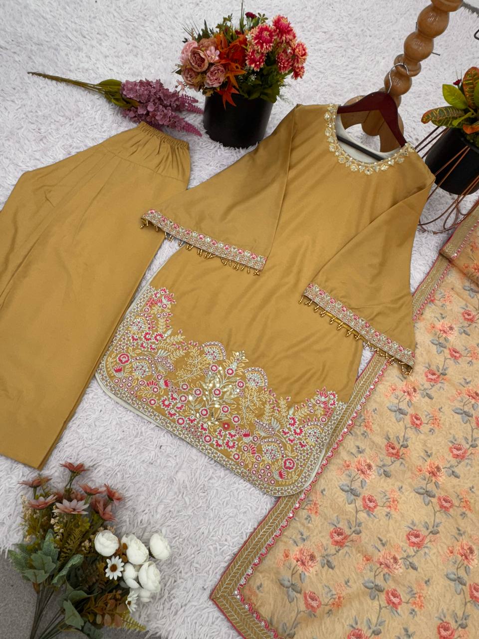 French Crep Silk Top-Bottom And Dupatta Set Fully Stitched Ready To Wear