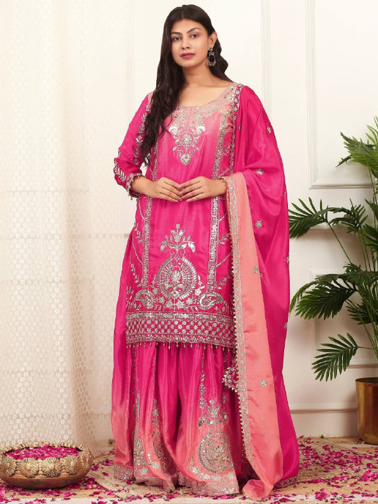 READY TO WEAR COLLECTION WITH EMBROIDERY SEQUENSE WORK SHADED TOP-PLAZZO WITH DUPATTA single available wholesale