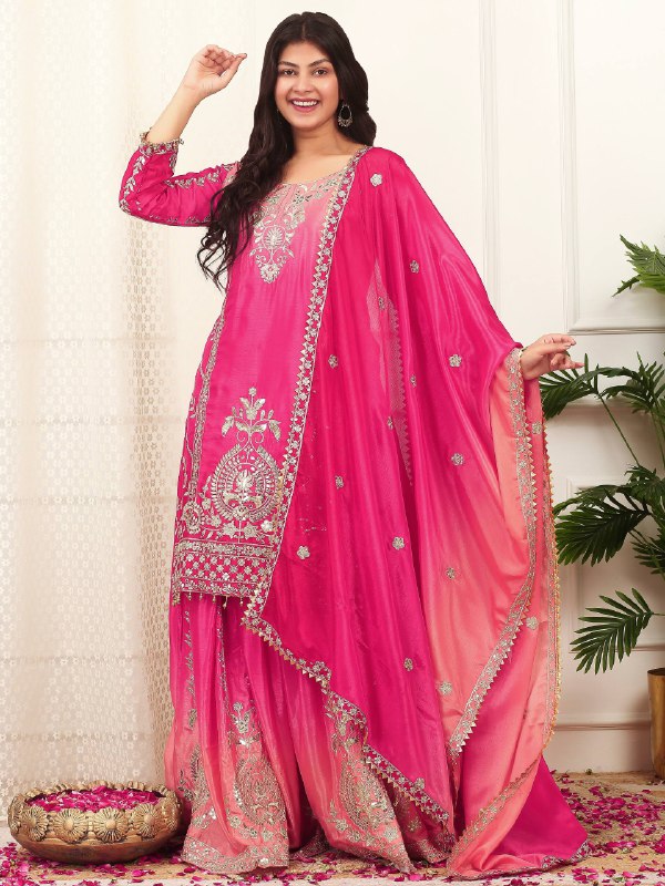 READY TO WEAR COLLECTION WITH EMBROIDERY SEQUENSE WORK SHADED TOP-PLAZZO WITH DUPATTA single available wholesale