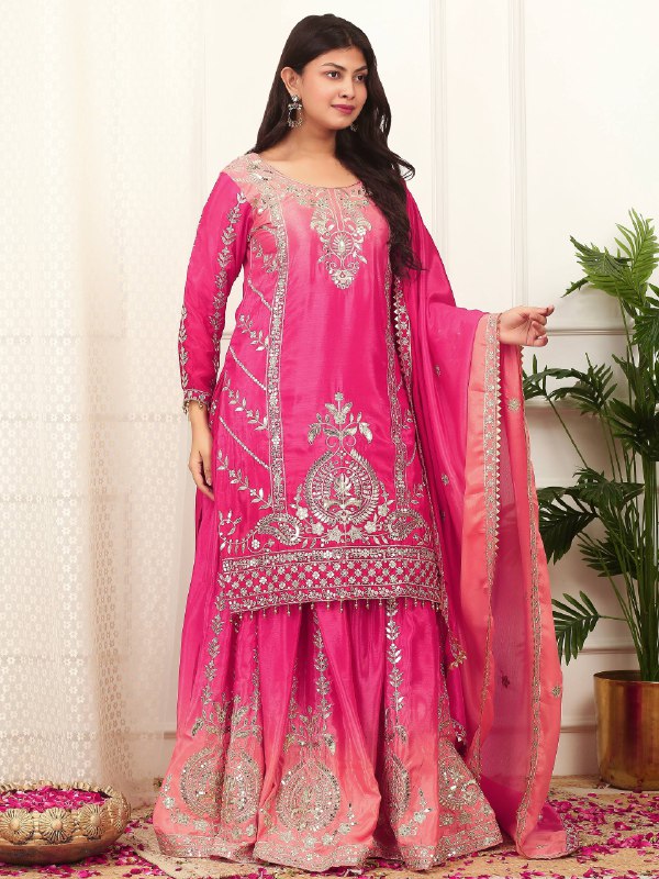 READY TO WEAR COLLECTION WITH EMBROIDERY SEQUENSE WORK SHADED TOP-PLAZZO WITH DUPATTA single available wholesale