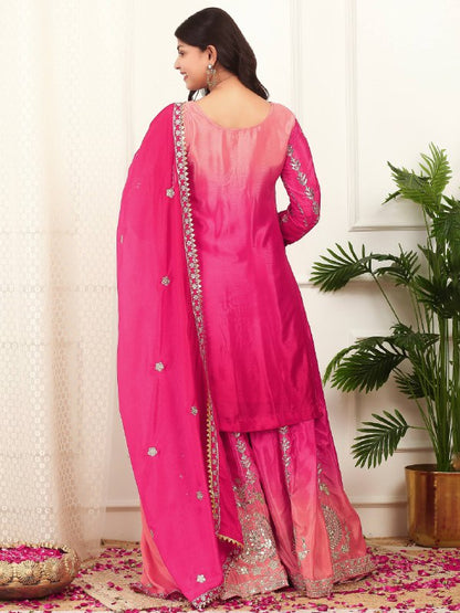 READY TO WEAR COLLECTION WITH EMBROIDERY SEQUENSE WORK SHADED TOP-PLAZZO WITH DUPATTA single available wholesale