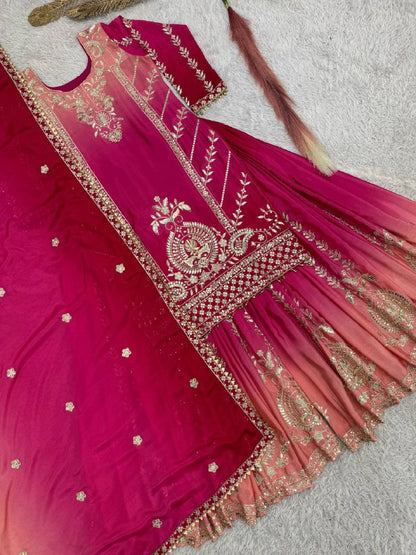 READY TO WEAR COLLECTION WITH EMBROIDERY SEQUENSE WORK SHADED TOP-PLAZZO WITH DUPATTA single available wholesale