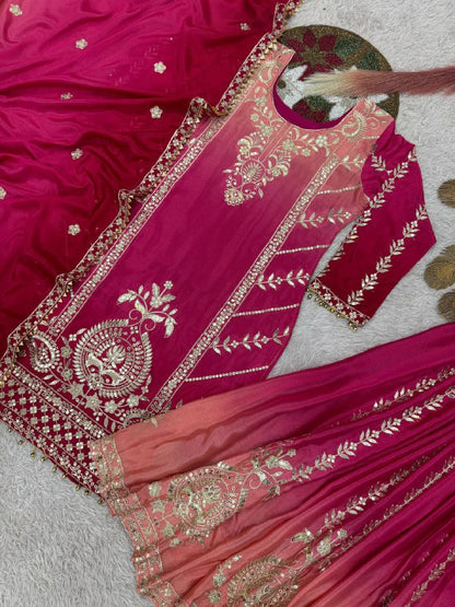 READY TO WEAR COLLECTION WITH EMBROIDERY SEQUENSE WORK SHADED TOP-PLAZZO WITH DUPATTA single available wholesale