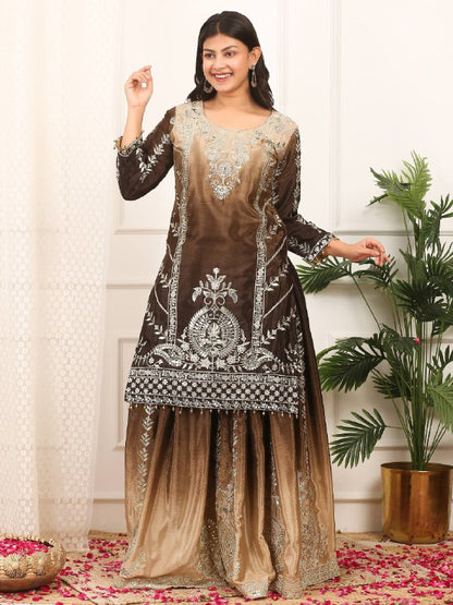 READY TO WEAR COLLECTION WITH EMBROIDERY SEQUENSE WORK SHADED TOP-PLAZZO WITH DUPATTA single available wholesale