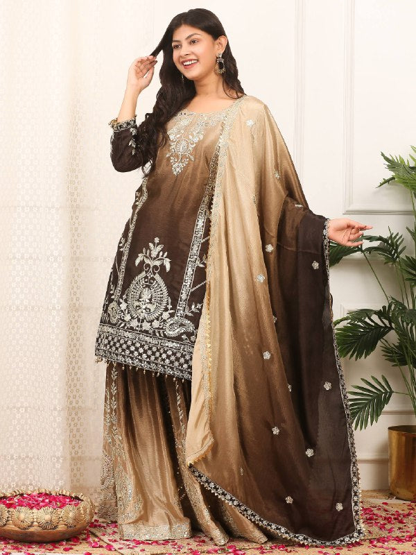 READY TO WEAR COLLECTION WITH EMBROIDERY SEQUENSE WORK SHADED TOP-PLAZZO WITH DUPATTA single available wholesale