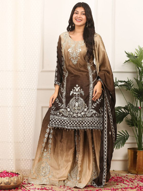 READY TO WEAR COLLECTION WITH EMBROIDERY SEQUENSE WORK SHADED TOP-PLAZZO WITH DUPATTA single available wholesale