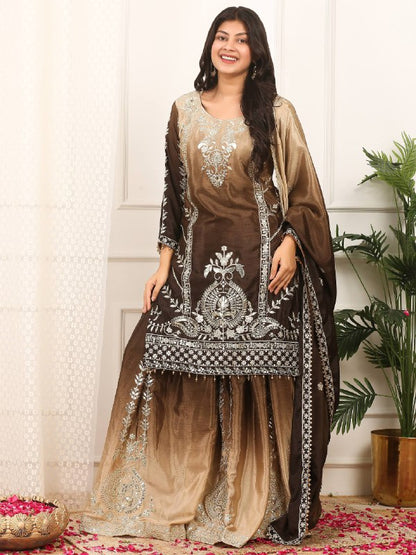 READY TO WEAR COLLECTION WITH EMBROIDERY SEQUENSE WORK SHADED TOP-PLAZZO WITH DUPATTA single available wholesale