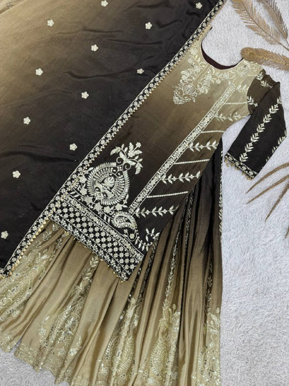 READY TO WEAR COLLECTION WITH EMBROIDERY SEQUENSE WORK SHADED TOP-PLAZZO WITH DUPATTA single available wholesale