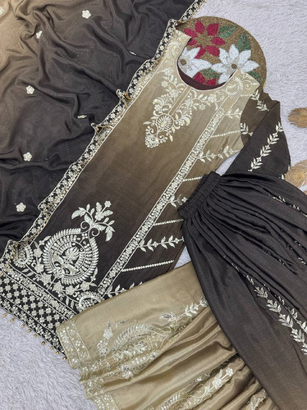 READY TO WEAR COLLECTION WITH EMBROIDERY SEQUENSE WORK SHADED TOP-PLAZZO WITH DUPATTA single available wholesale