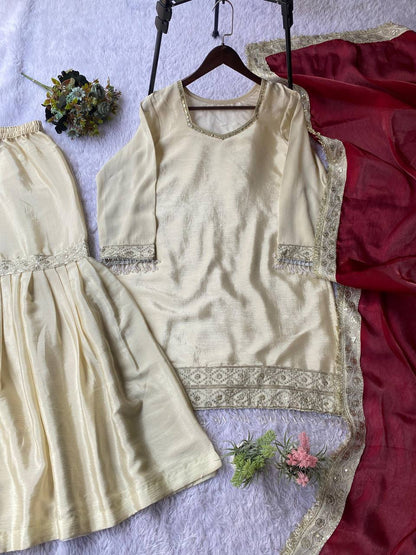 XCLUSIVE AND TRENDY FOR WEDDING SEASON OUR SEQUENCE EMBROIDERED TOP, SARARA  AND DUPATTA