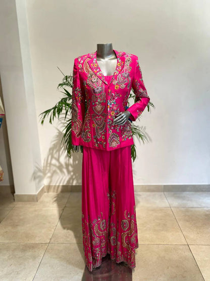 PARTY AND WEDDING OUR DESIGNER WEAR 3 PIECE PLAZZO PAIR WITH SEQUENCE EMBROIDERY WORK