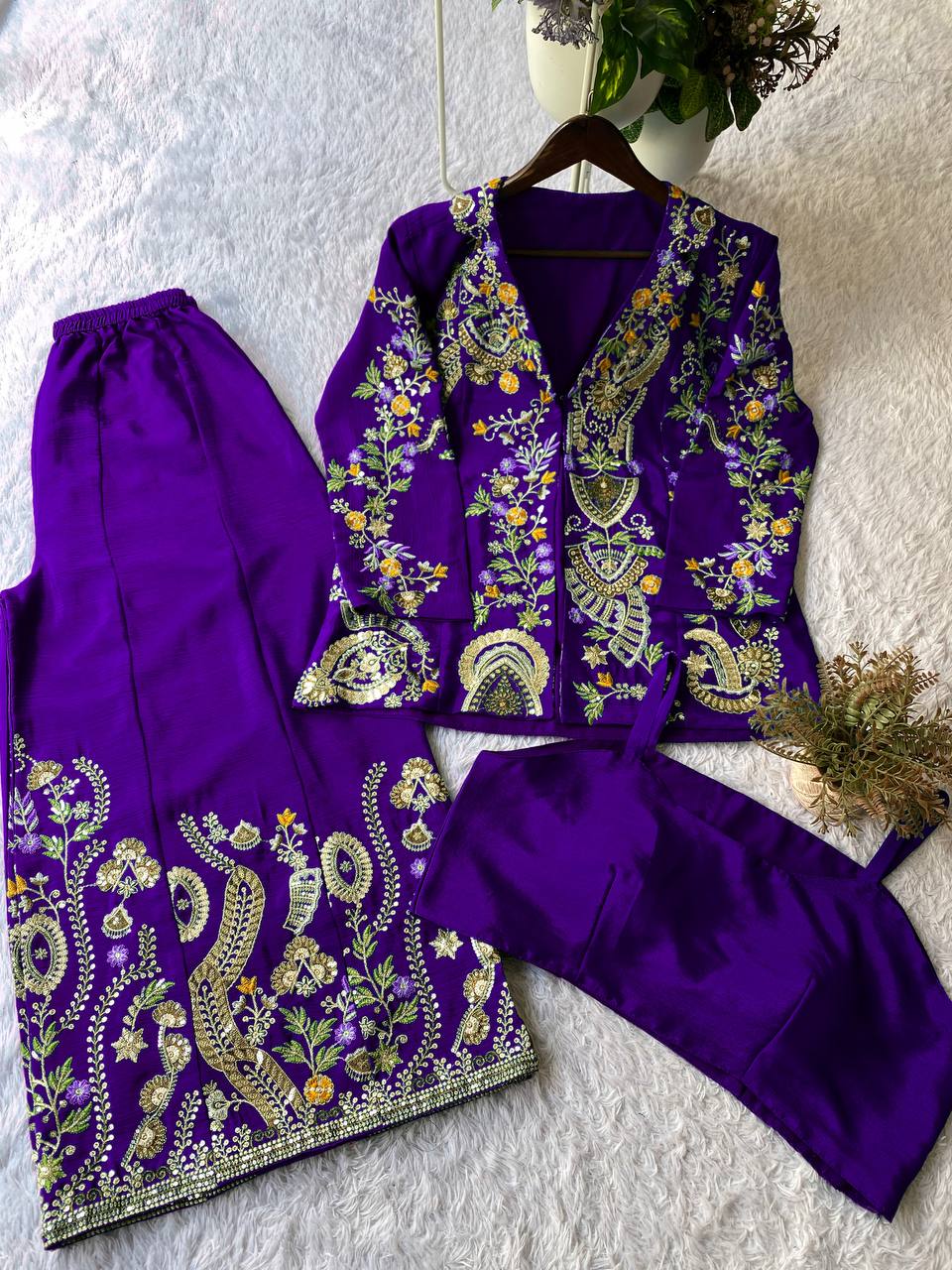 PARTY AND WEDDING OUR DESIGNER WEAR 3 PIECE PLAZZO PAIR WITH SEQUENCE EMBROIDERY WORK