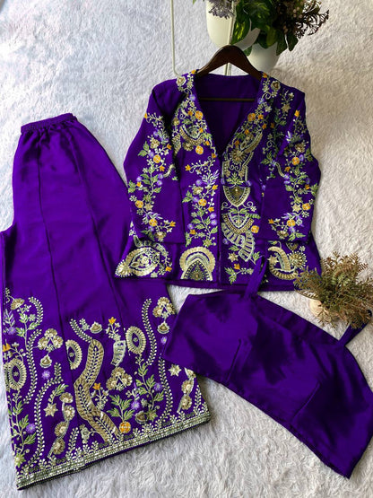 PARTY AND WEDDING OUR DESIGNER WEAR 3 PIECE PLAZZO PAIR WITH SEQUENCE EMBROIDERY WORK