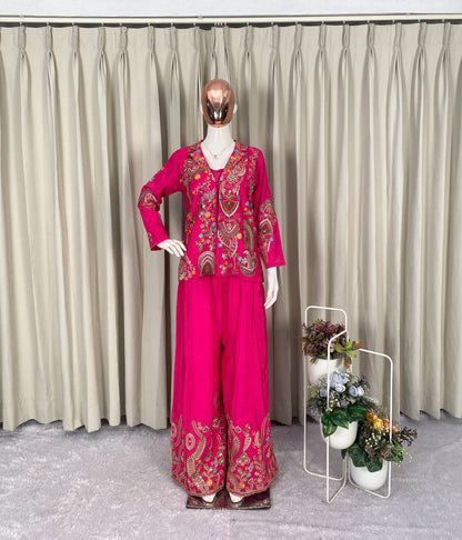 PARTY AND WEDDING OUR DESIGNER WEAR 3 PIECE PLAZZO PAIR WITH SEQUENCE EMBROIDERY WORK