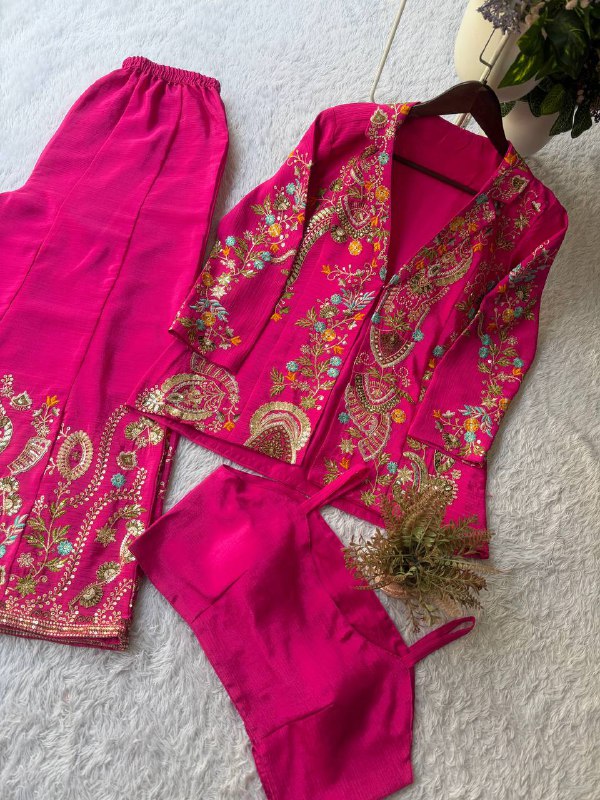 PARTY AND WEDDING OUR DESIGNER WEAR 3 PIECE PLAZZO PAIR WITH SEQUENCE EMBROIDERY WORK