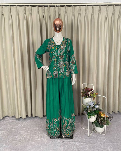 PARTY AND WEDDING OUR DESIGNER WEAR 3 PIECE PLAZZO PAIR WITH SEQUENCE EMBROIDERY WORK