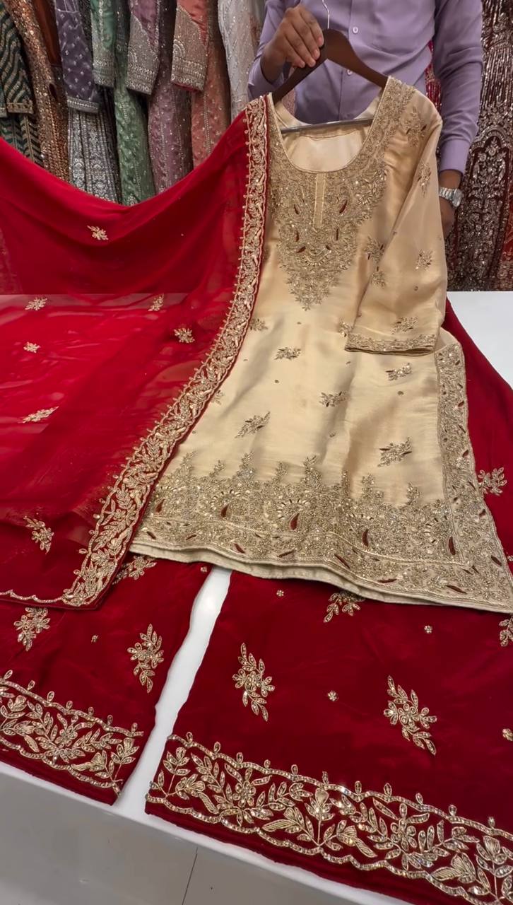 New Designer Collection In GMY SILK With Heavy Embroidery Sequence Work Top-Bottom And Dupatta Set Fully Stitched Ready To Wear